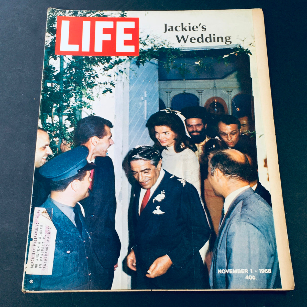 Cover of Life Magazine dated November 1, 1968 featuring 'Jackie's Wedding,' showcasing Jackie Kennedy in the foreground and notable figures celebrating her wedding.