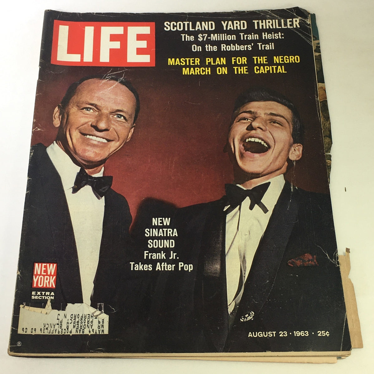 Vintage Life Magazine August 23 1963 featuring Frank Sinatra and Frank Sinatra Jr. on the cover, showcasing their musical connection and the new Sinatra sound. This collectible magazine highlights entertainment history from the 1960s.