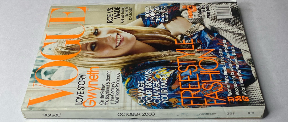 Vogue Magazine October 2003 Gwyneth Paltrow Cover No Label showcasing the magazine's cover with Gwyneth Paltrow, featuring colorful text highlighting articles and themes of the issue.