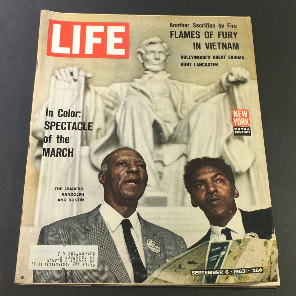 Cover of VTG Life Magazine September 6 1963 featuring leaders Philip Randolph and Bayard Rustin, highlighting the Civil Rights Movement with a backdrop of the Lincoln Memorial.