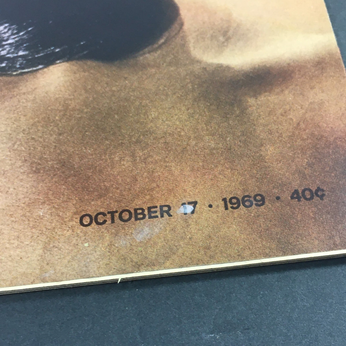 Close-up of the date and price on the cover of Life Magazine, October 17, 1969, featuring Naomi Sims, showcasing vintage magazine details.