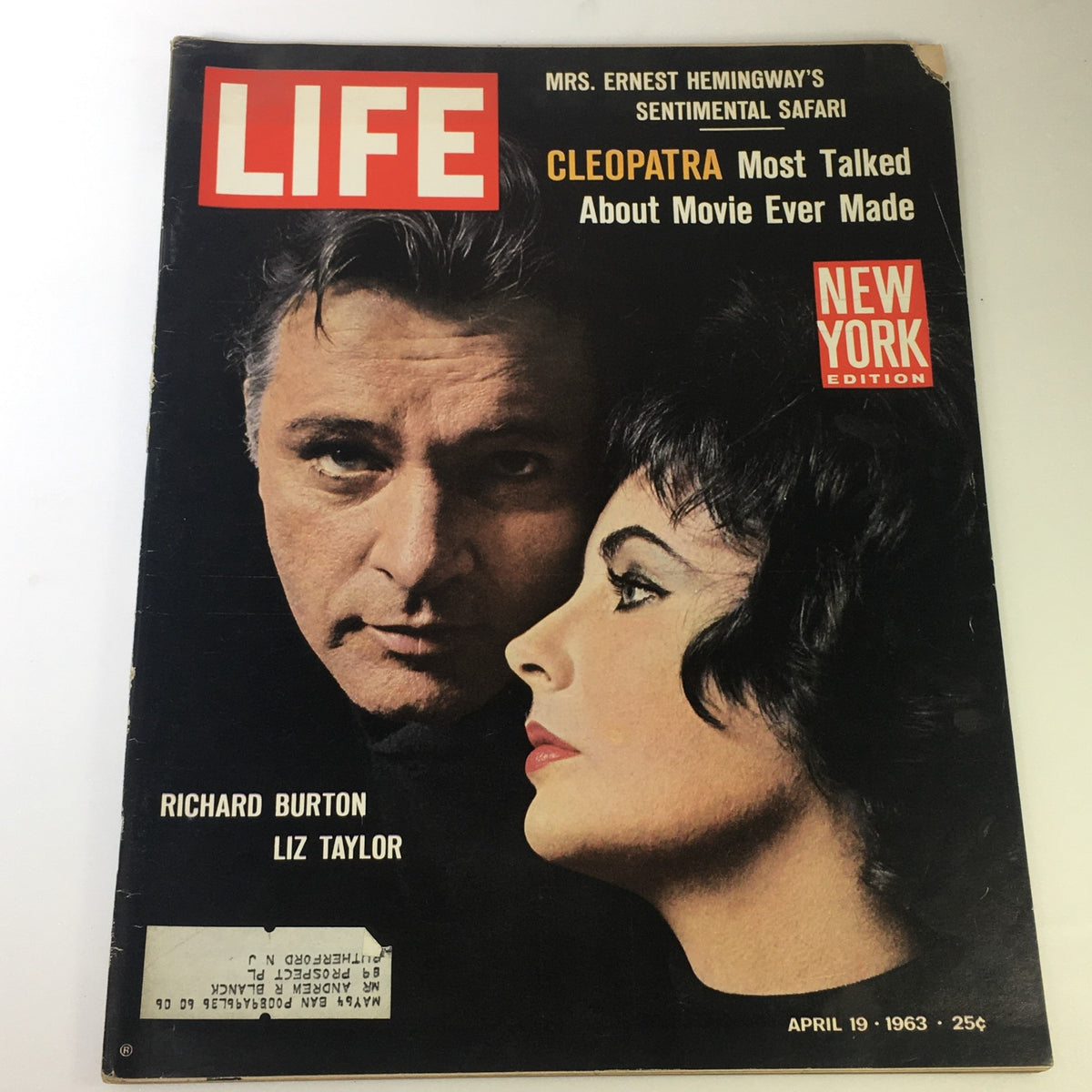 Vintage Life Magazine from April 19, 1963 featuring Tim Burton and Elizabeth Taylor on the cover in a portrayal of Cleopatra, showcasing iconic Hollywood glamour.