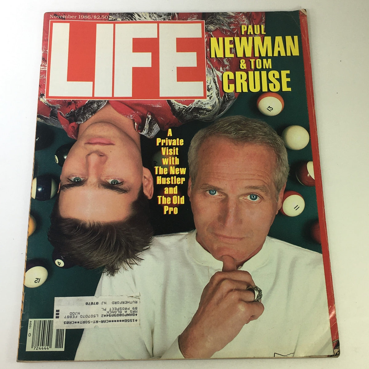 Vintage Life Magazine Cover - November 1986 featuring Tom Cruise and Paul Newman, highlighting a private visit with the New Hustler and the Old Pro.