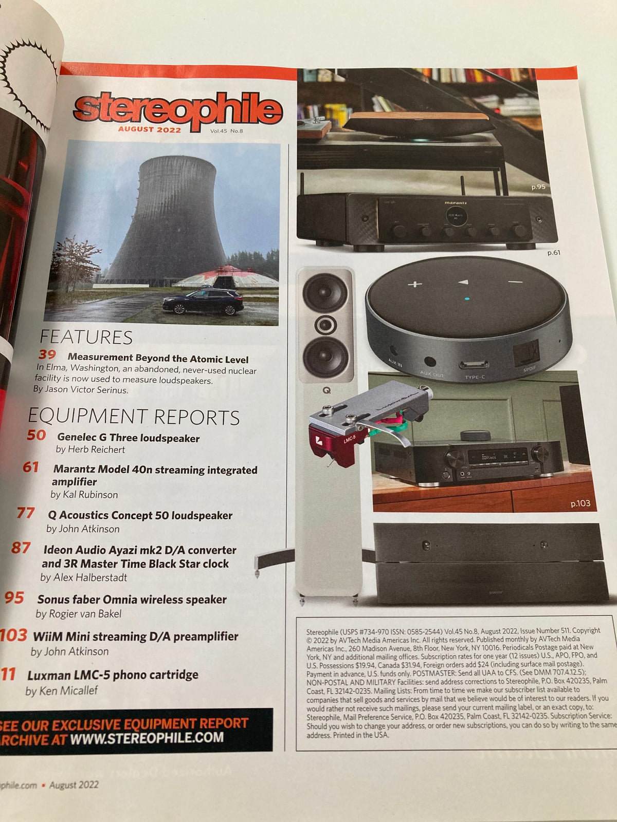 Stereophile Magazine August 2022 featuring Genelec G Three speakers, showcasing high-fidelity audio technology equipment and vintage audio culture.