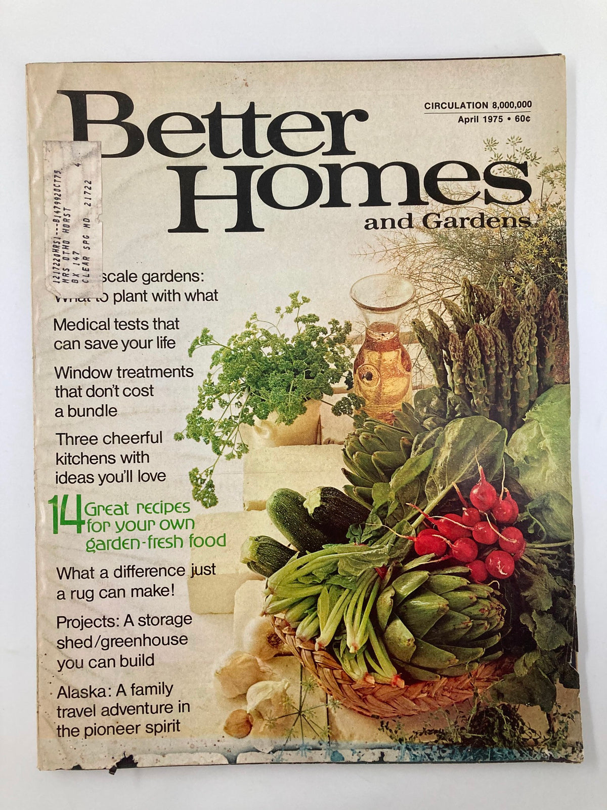 Cover of the VTG Better Homes and Gardens Magazine April 1975 featuring a variety of vegetables and herbs, highlighting articles on gardening, food, and travel adventures in Alaska.