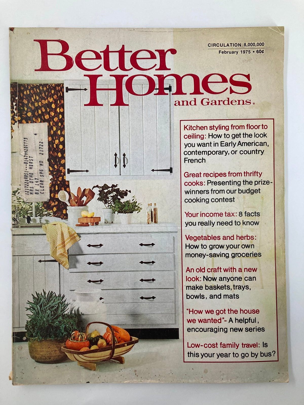 Cover of VTG Better Homes and Gardens Magazine February 1975 featuring kitchen decor ideas and family travel tips.