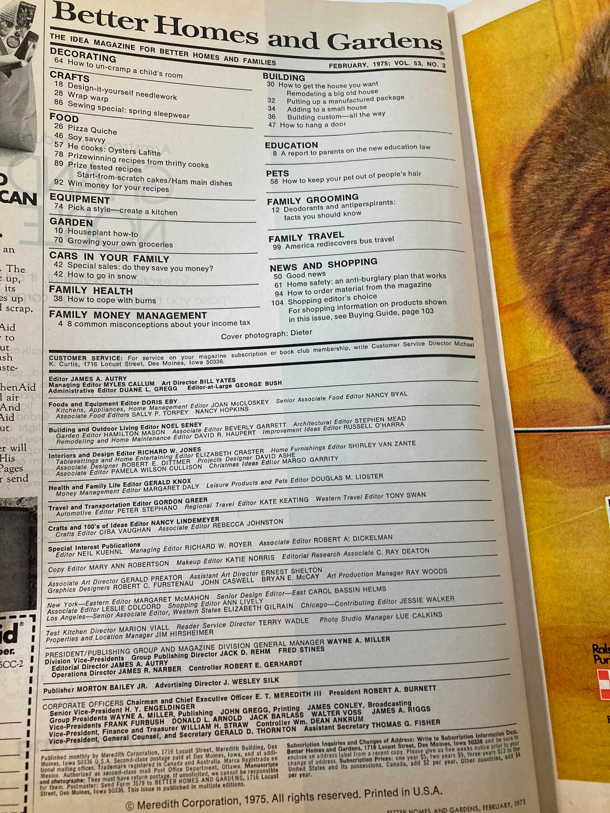 Inside content page of VTG Better Homes and Gardens Magazine February 1975 listing articles including travel tips and money management.