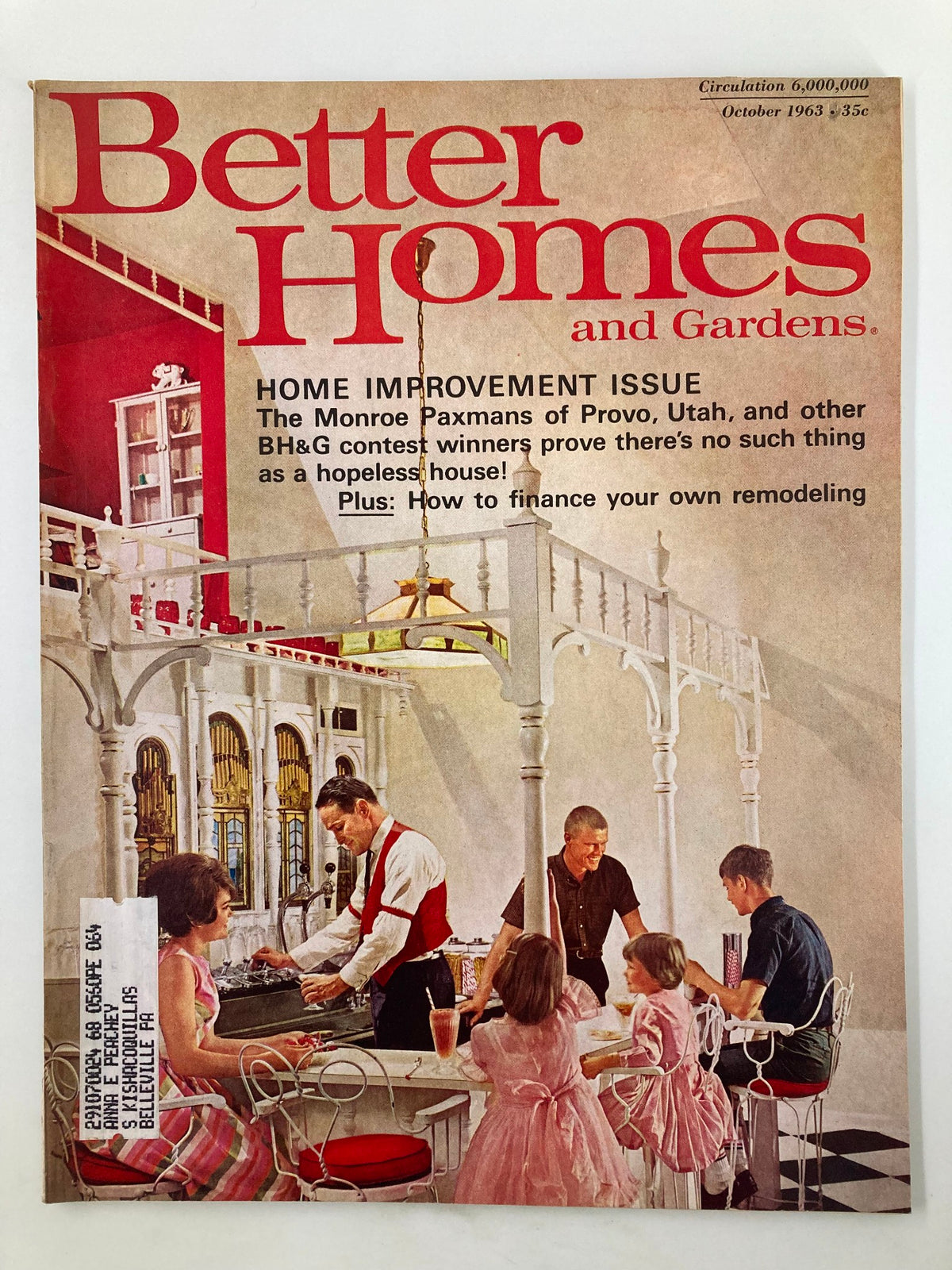 Cover of the VTG Better Homes and Gardens Magazine, October 1963, featuring the Monroe Paxmans of Provo, Utah, showcasing home improvement themes with a vibrant illustration of family life.
