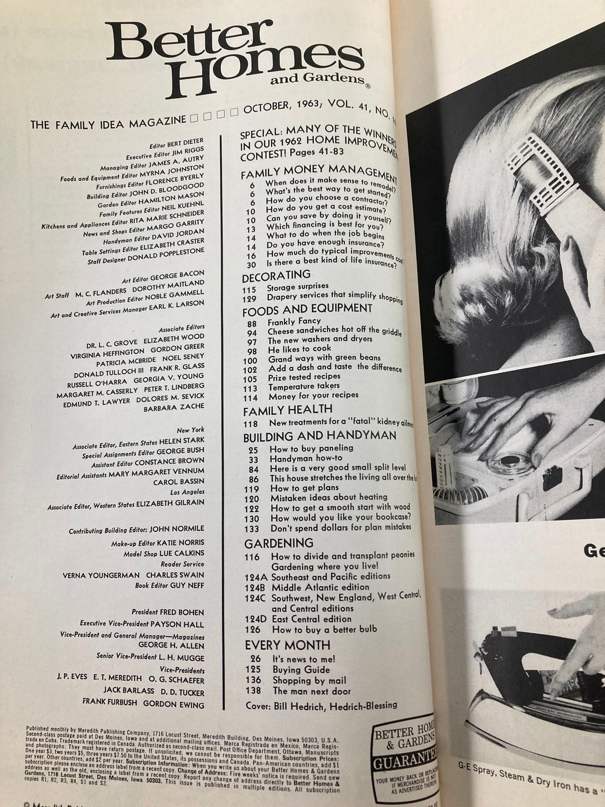 Contents page of the VTG Better Homes and Gardens Magazine, October 1963, outlining articles on family management, decorating tips, foods, and gardening advice reflecting 1960s home lifestyle.
