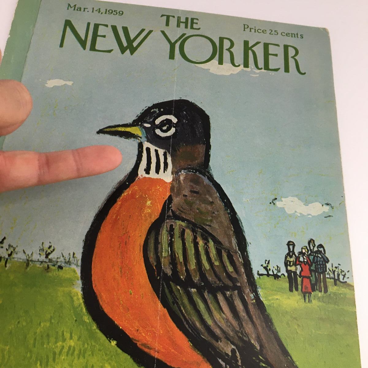 COVER ONLY The New Yorker March 14 1959 Full Cover Theme by Abe Birnbaum depicting a close-up of a robin's colorful illustration, with a human hand pointed at it and distant figures visible.