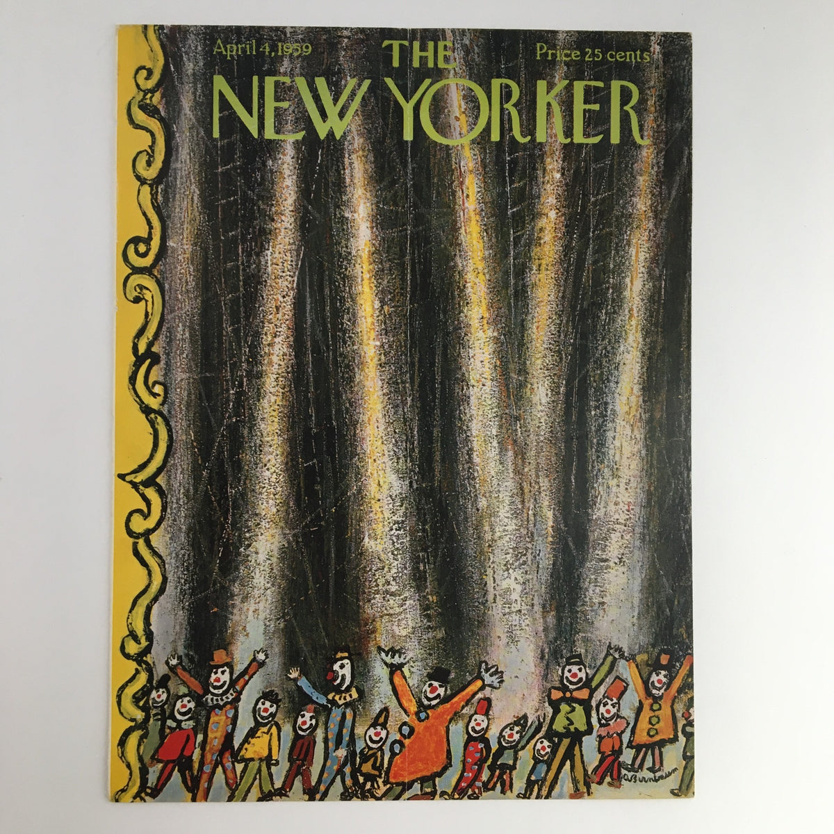 Cover art of The New Yorker dated April 4, 1959, featuring colorful clowns and vibrant colors designed by Abe Birnbaum, portraying mid-century themes.
