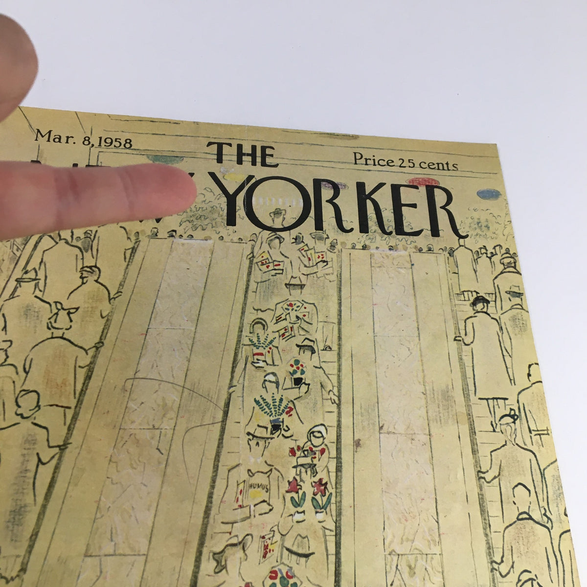 Close-up view of the March 8, 1958, cover of The New Yorker, showcasing the title and intricate designs by artist Garrett Price.