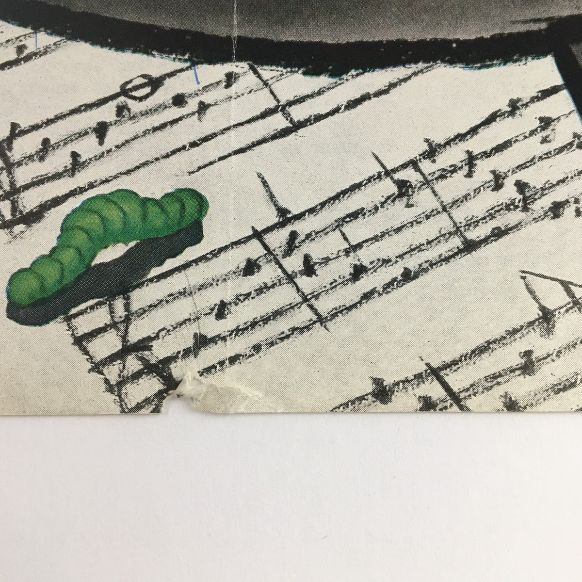 Detail from The New Yorker June 27, 1959 cover illustrating a green caterpillar on musical notes, providing a whimsical touch to the artwork by Peter Arno.