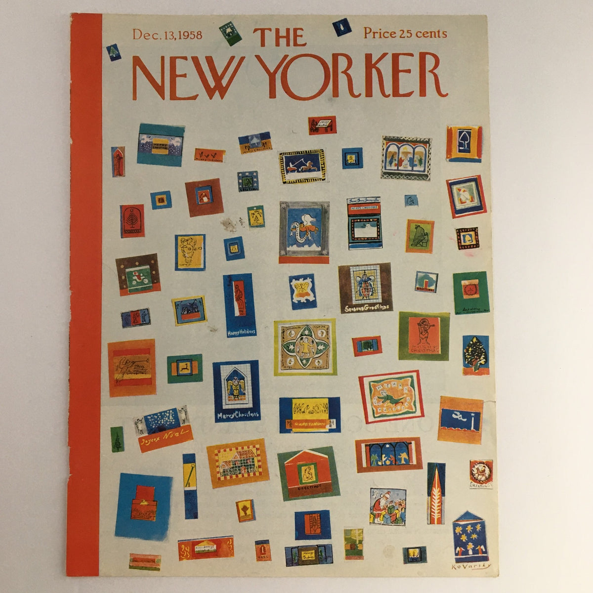 Front cover of The New Yorker December 13 1958, designed by Anatol Kovarsky, showcasing a collage of colorful illustrated frames with greetings and holiday artwork.