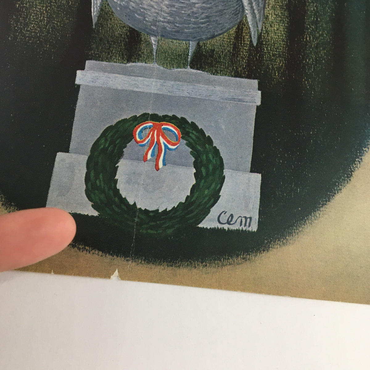 Detailed shot of the wreath on the base of the turkey statue from The New Yorker cover, November 29, 1958 by Charles E. Martin.