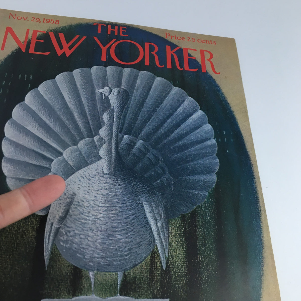 Alternate angle of The New Yorker cover from November 29, 1958, featuring the turkey statue illustration by Charles E. Martin.