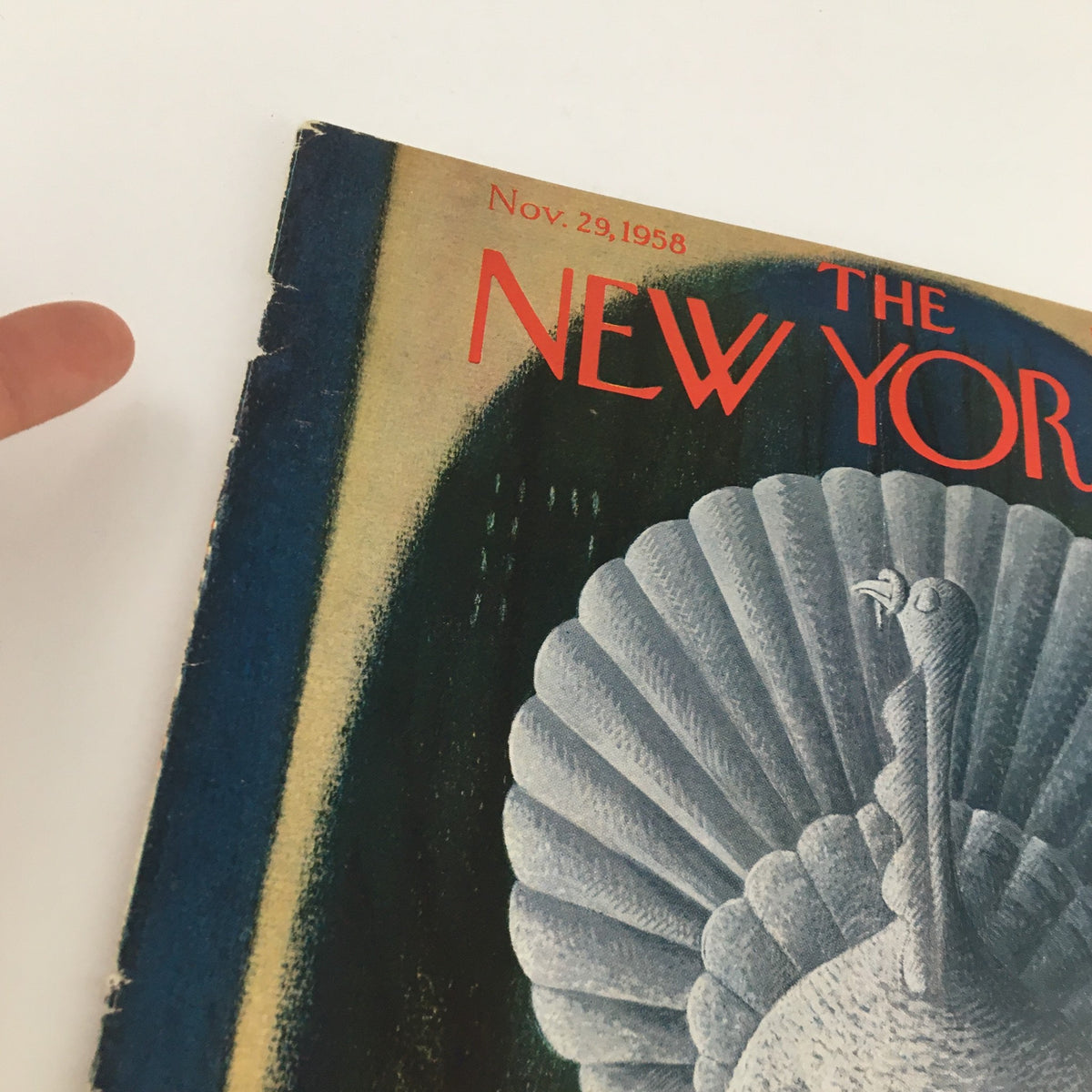 COVER ONLY The New Yorker November 29 1958 Full Cover Theme by Charles E. Martin showcasing a vintage magazine design featuring a peacock and vibrant colors, perfect for art and history enthusiasts.