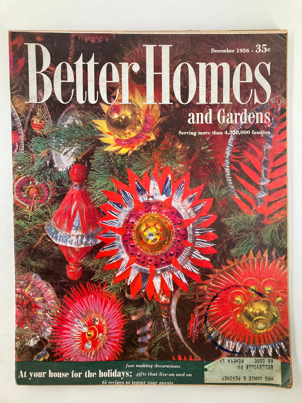 Cover of the VTG Better Homes and Gardens Magazine December 1956 featuring festive holiday decorations and a vibrant design, celebrating winter care for evergreens.