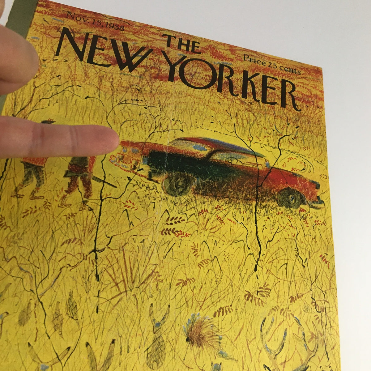 COVER ONLY The New Yorker November 15 1958 Full Cover Theme by Garrett Price highlighting a close-up of the magazine cover with hunters and a classic car.