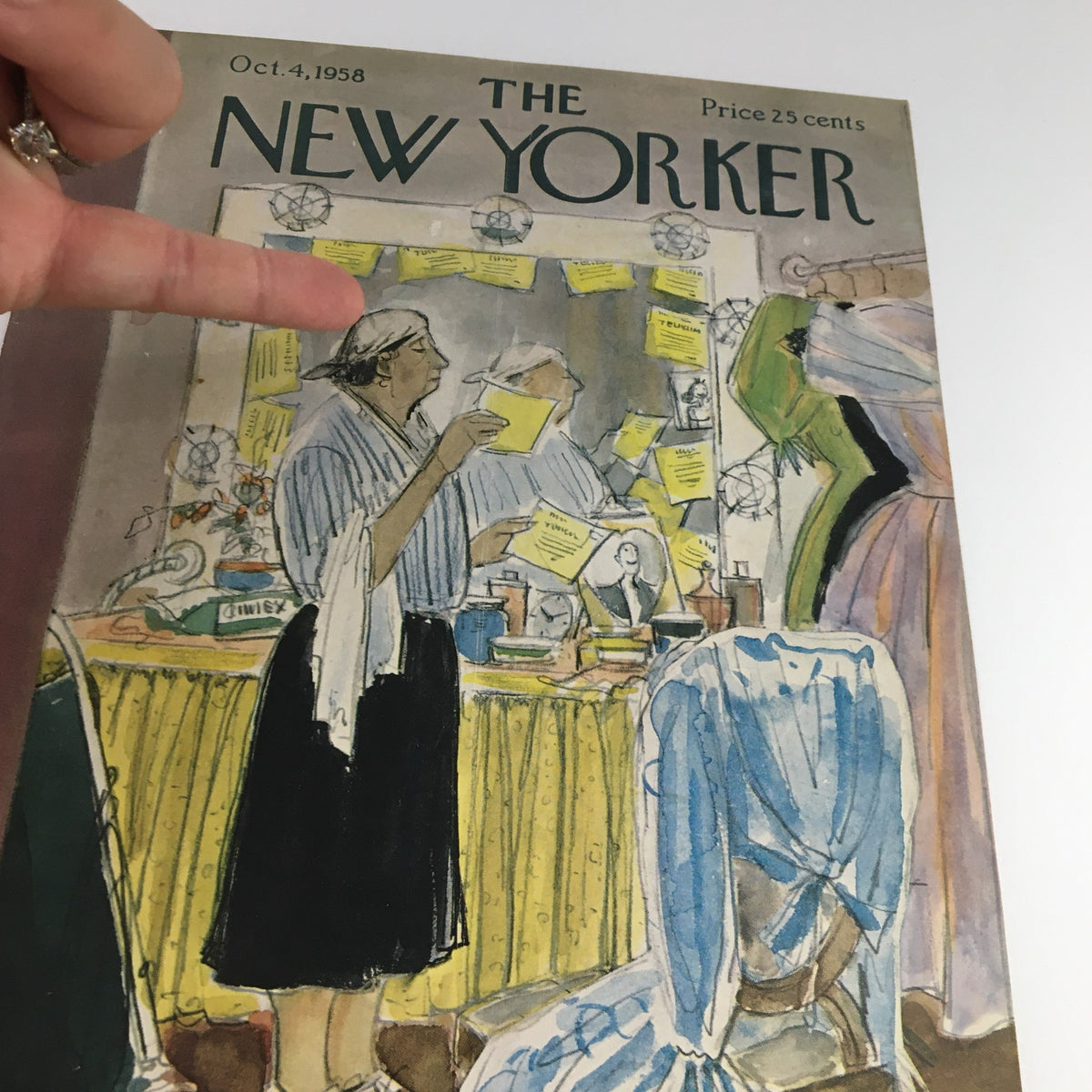 Cover of The New Yorker magazine dated October 4, 1958, illustrated by Perry Barlow, featuring a woman reading papers surrounded by vintage decor. Perfect for collectors and fans of mid-century art.