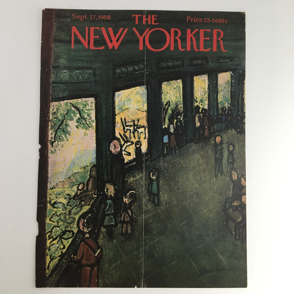 COVER ONLY The New Yorker September 27 1958, featuring an artistic interpretation of a public space with figures observing window displays, created by Abe Birnbaum.