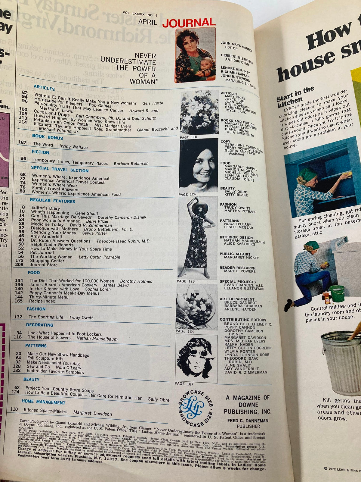 Interior page of the VTG Ladies' Home Journal Magazine April 1972 displaying contents and features. The issue includes insightful articles and photographs capturing the essence of early 70s culture, along with a cover featuring Elizabeth Taylor.