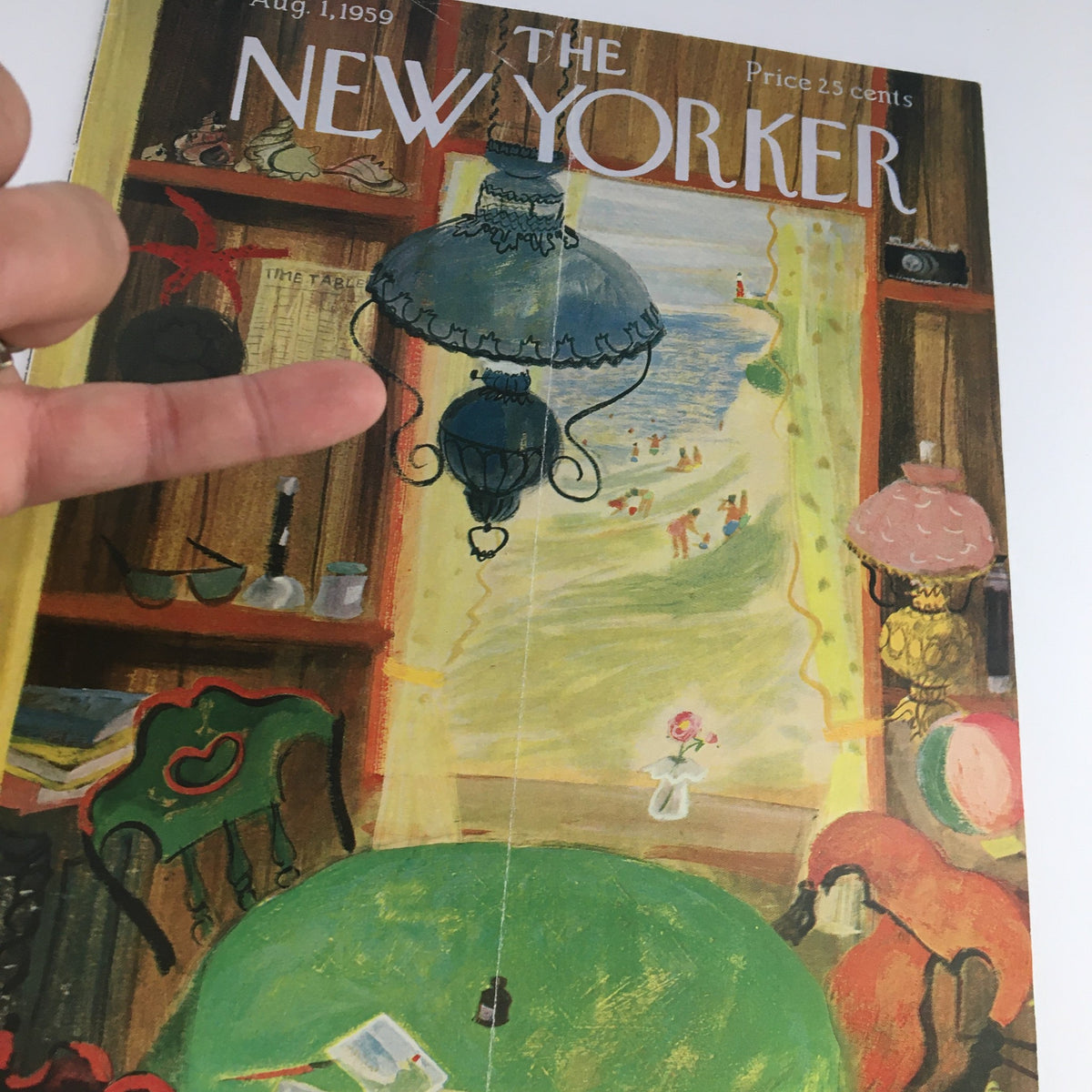 COVER ONLY The New Yorker August 1 1959 showcasing a colorful illustration by Roger Duvoisin, featuring a vibrant interior scene with a green table, red chairs, and a view of a beach through a window.