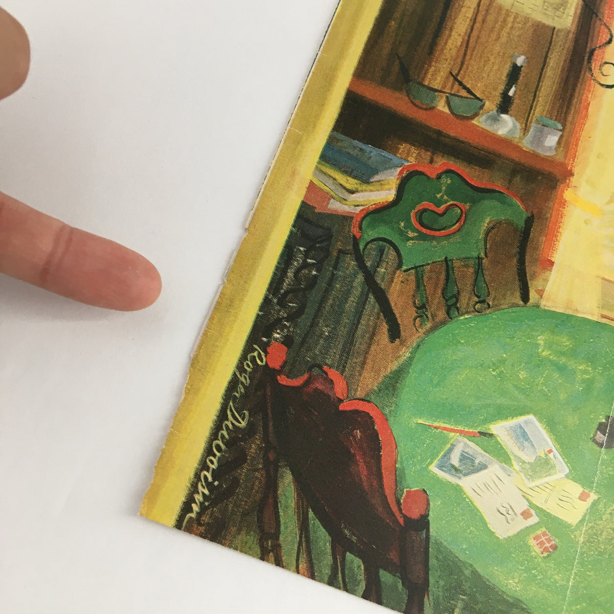 COVER ONLY The New Yorker August 1 1959 detail highlighting the vintage artistry by Roger Duvoisin, emphasizing the green table and red chair with noticeable wear and tear.