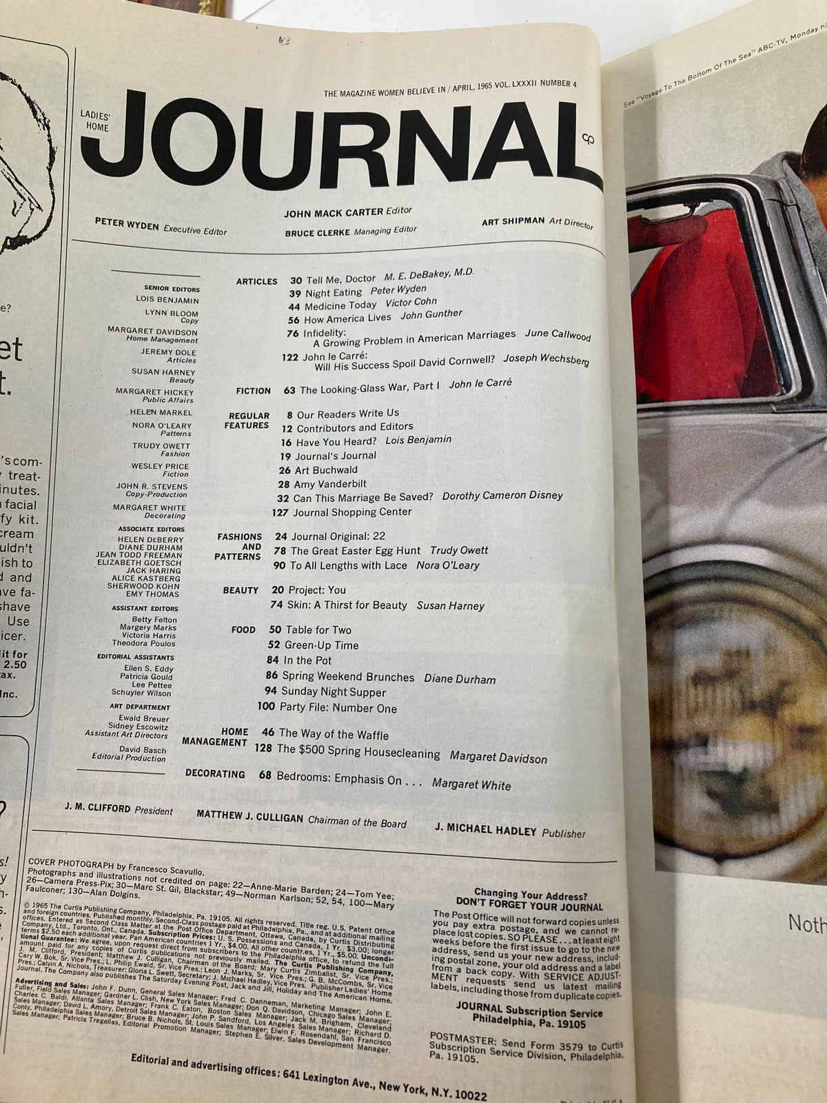 Inside page of the VTG Ladies' Home Journal Magazine April 1965, displaying the contents page, listing articles and features from the issue, including 'Tell Me, Doctor' and 'The Growing Problem of Infidelity'.