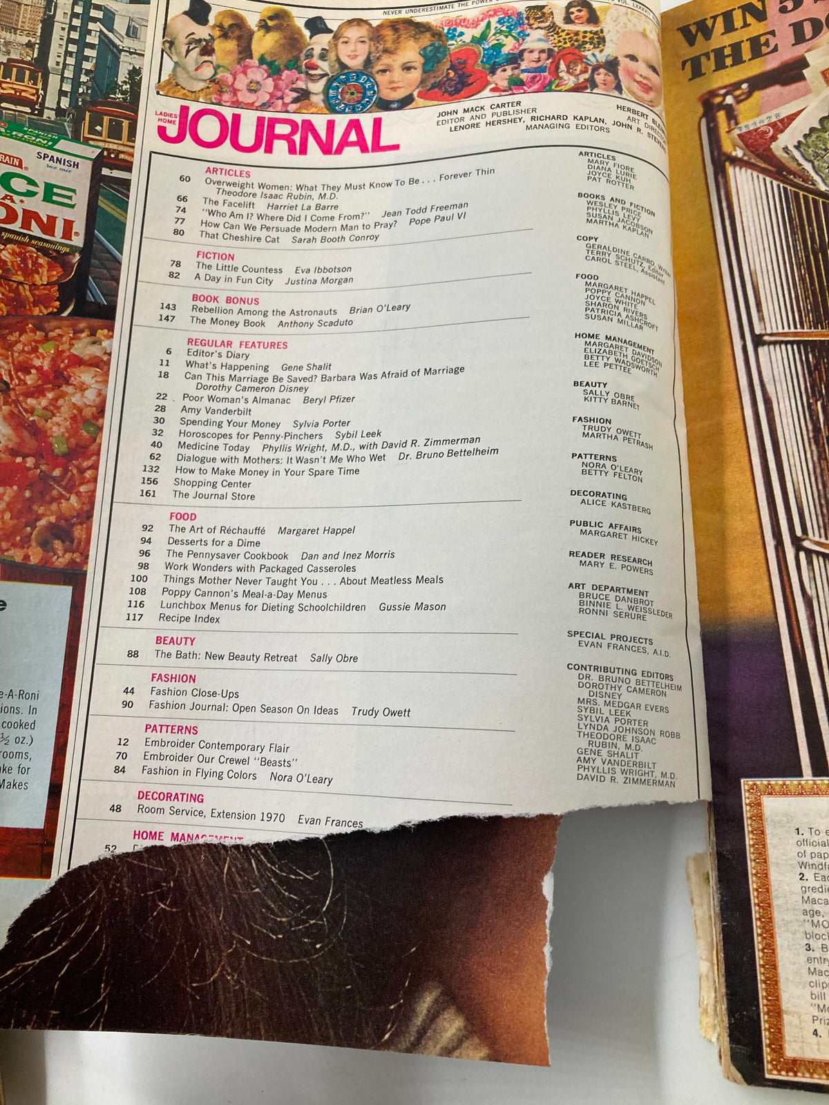 Interior page layout of the March 1970 Ladies' Home Journal magazine, featuring the article 'Rebellion Among The Astronauts' among other topics.