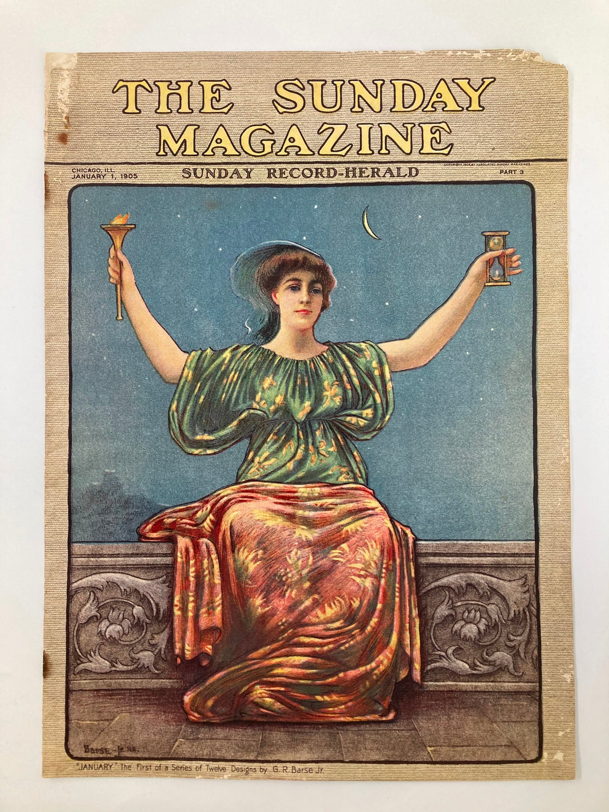Cover of VTG The Sunday Magazine January 1 1905 showcasing a woman holding a torch, adorned in a vintage green dress with artistic illustrations.