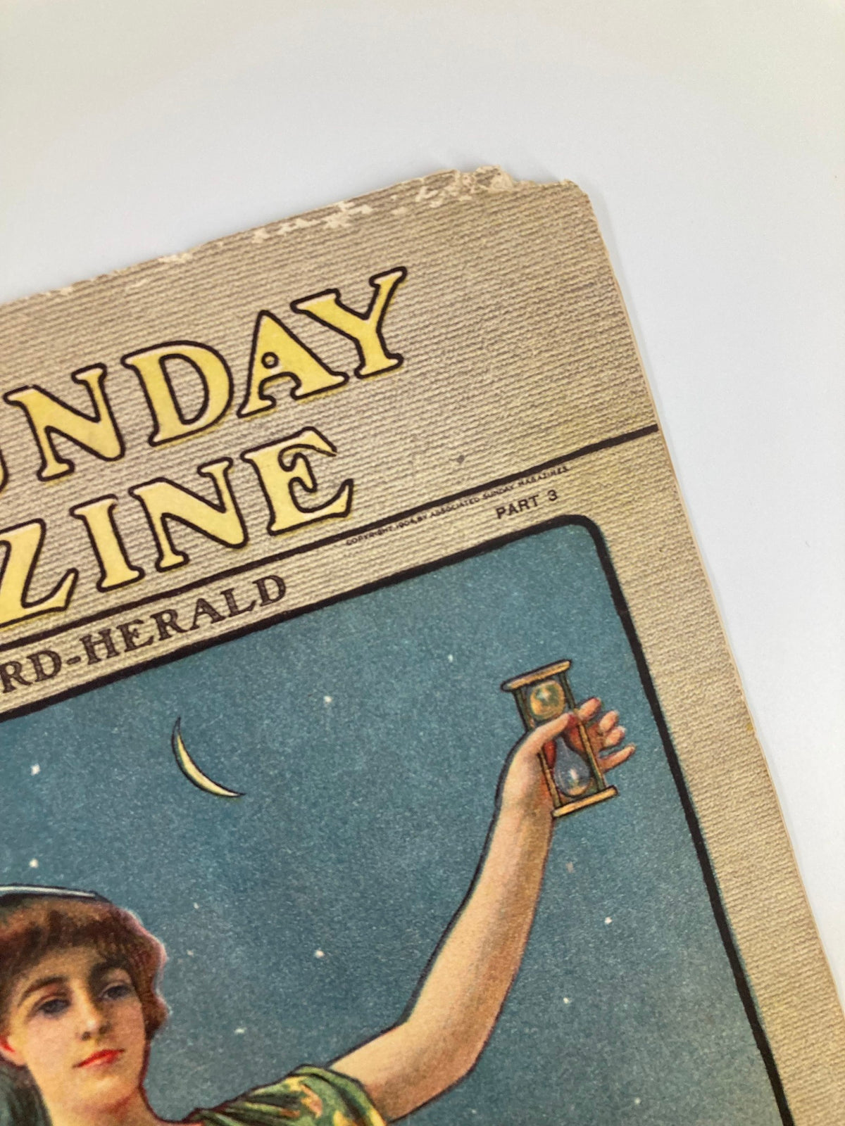Cover corner of VTG The Sunday Magazine January 1 1905, displaying vintage design and illustration of a woman holding an hourglass.