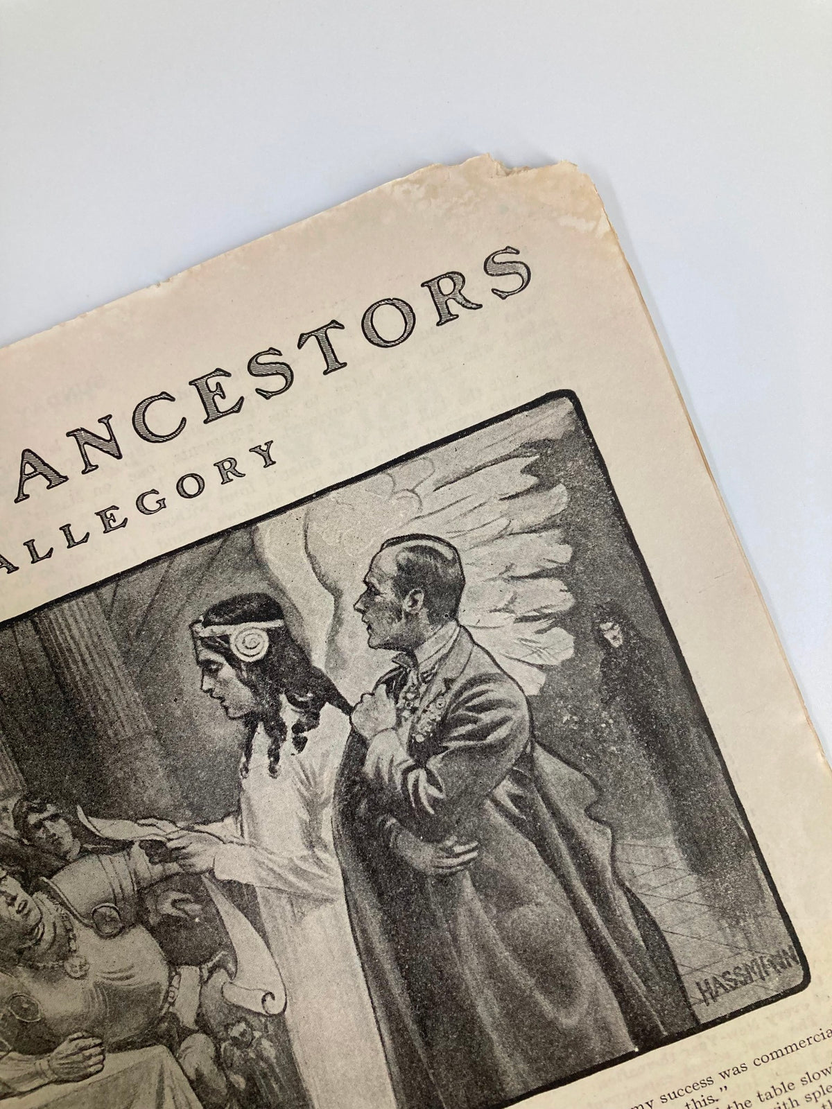 Inside page of VTG The Sunday Magazine January 1 1905 featuring an illustration titled 'Ancestors' with a man and woman depicted in a historical context.