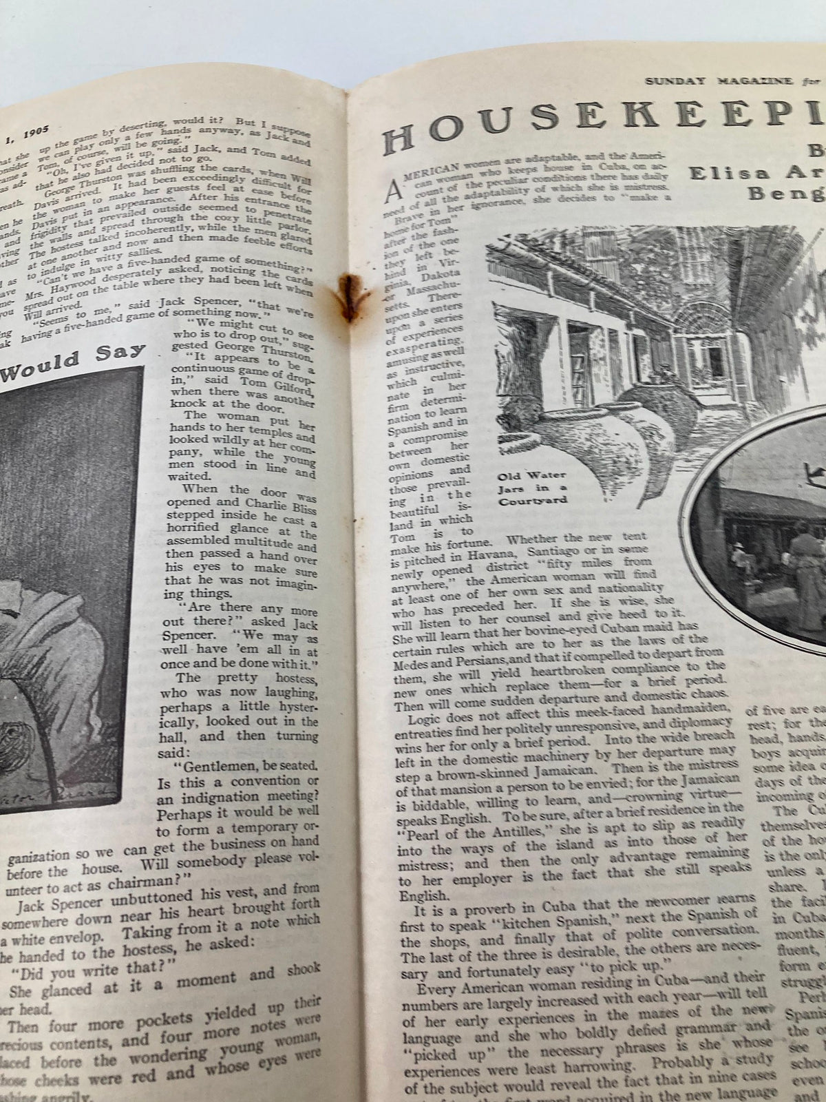Opening pages of VTG The Sunday Magazine January 1 1905 with an article titled 'Housekeeping in Cuba,' illustrated with period-specific imagery.