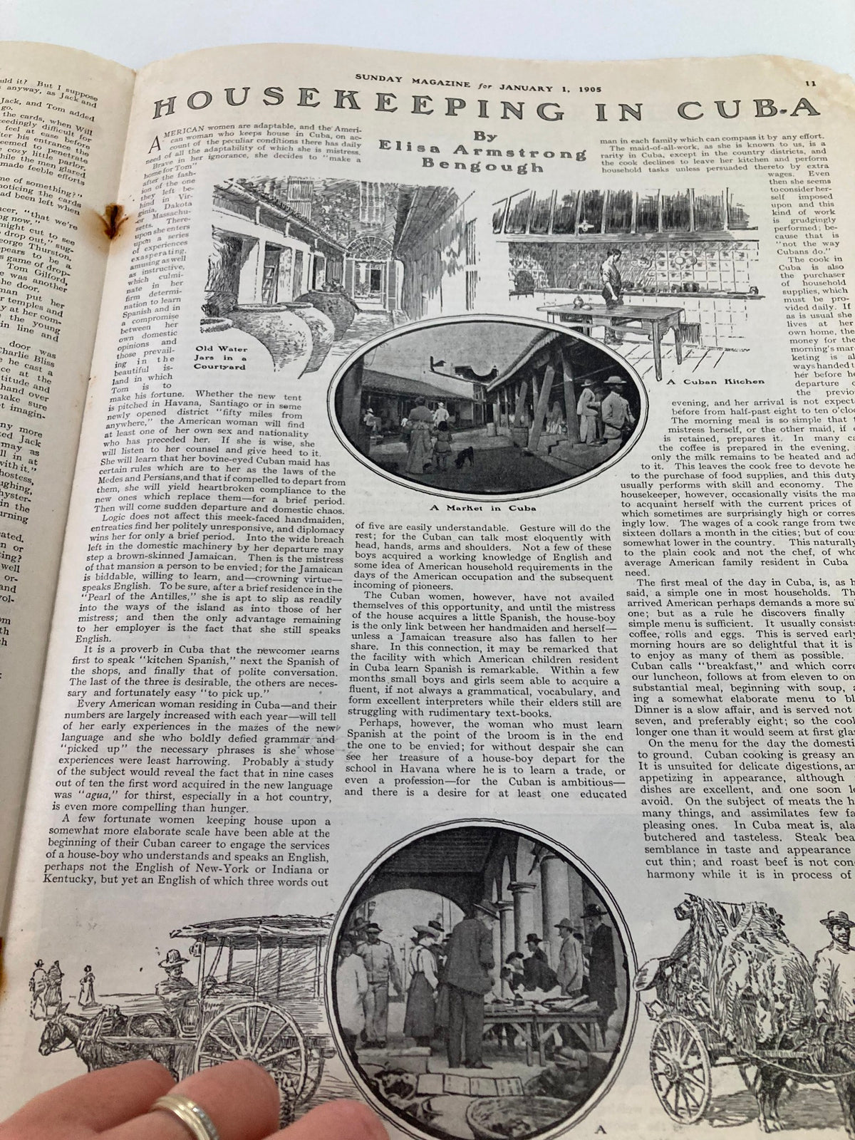 Full article spread from VTG The Sunday Magazine January 1 1905 discussing 'Housekeeping in Cuba,' featuring historical illustrations and text.