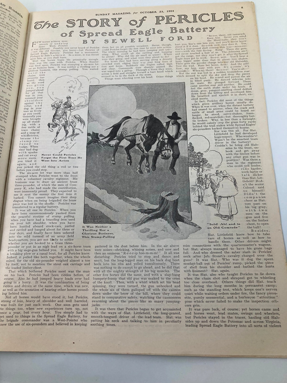 Page from VTG The Sunday Magazine October 23 1904 featuring the story of Pericles of Spread Eagle, illustrated with a horse and a rider.
