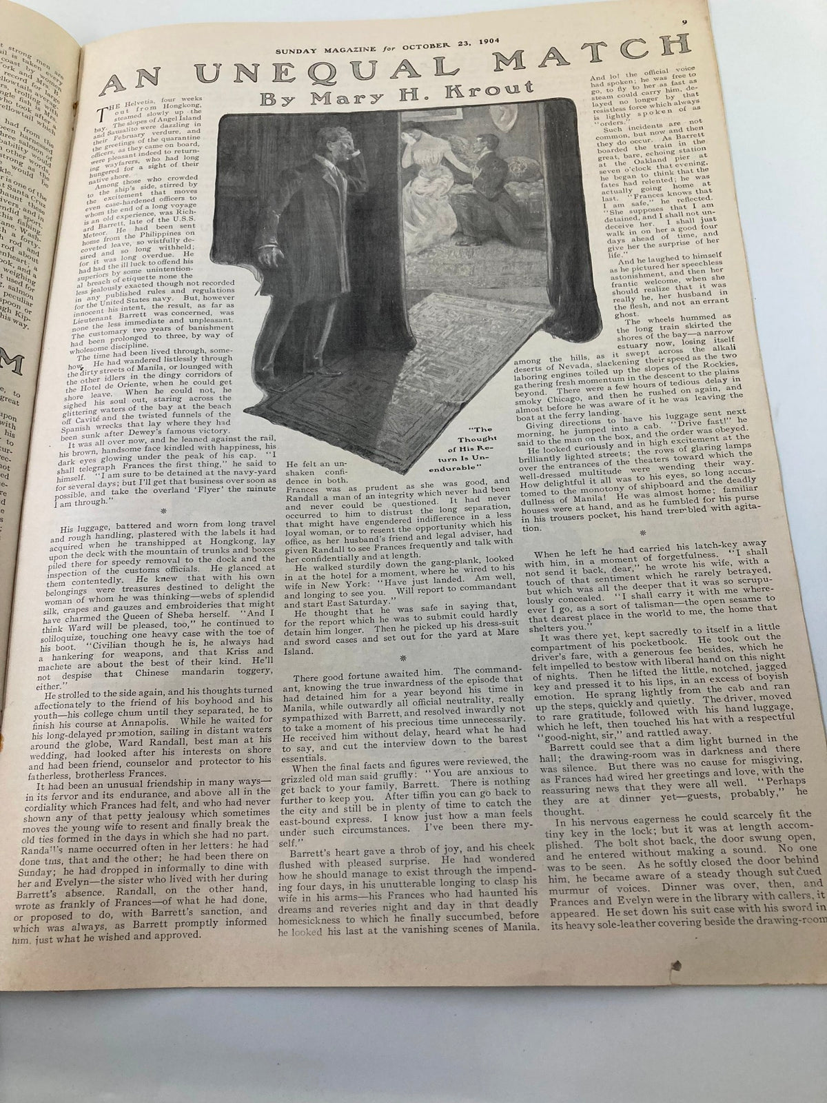 Page from VTG The Sunday Magazine October 23 1904 featuring the story 'An Unequal Match' by Mary H. Krout, depicting a dramatic scene.