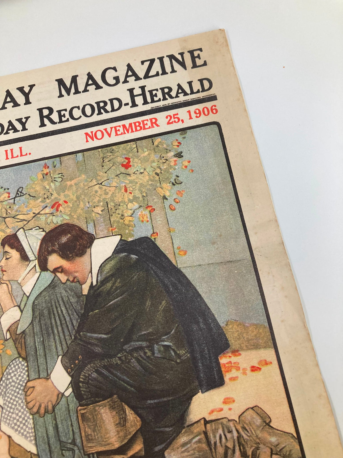 Detailed view of the cover of Vintage The Sunday Magazine, November 25 1906, highlighting the artistic design and historical significance of the publication.