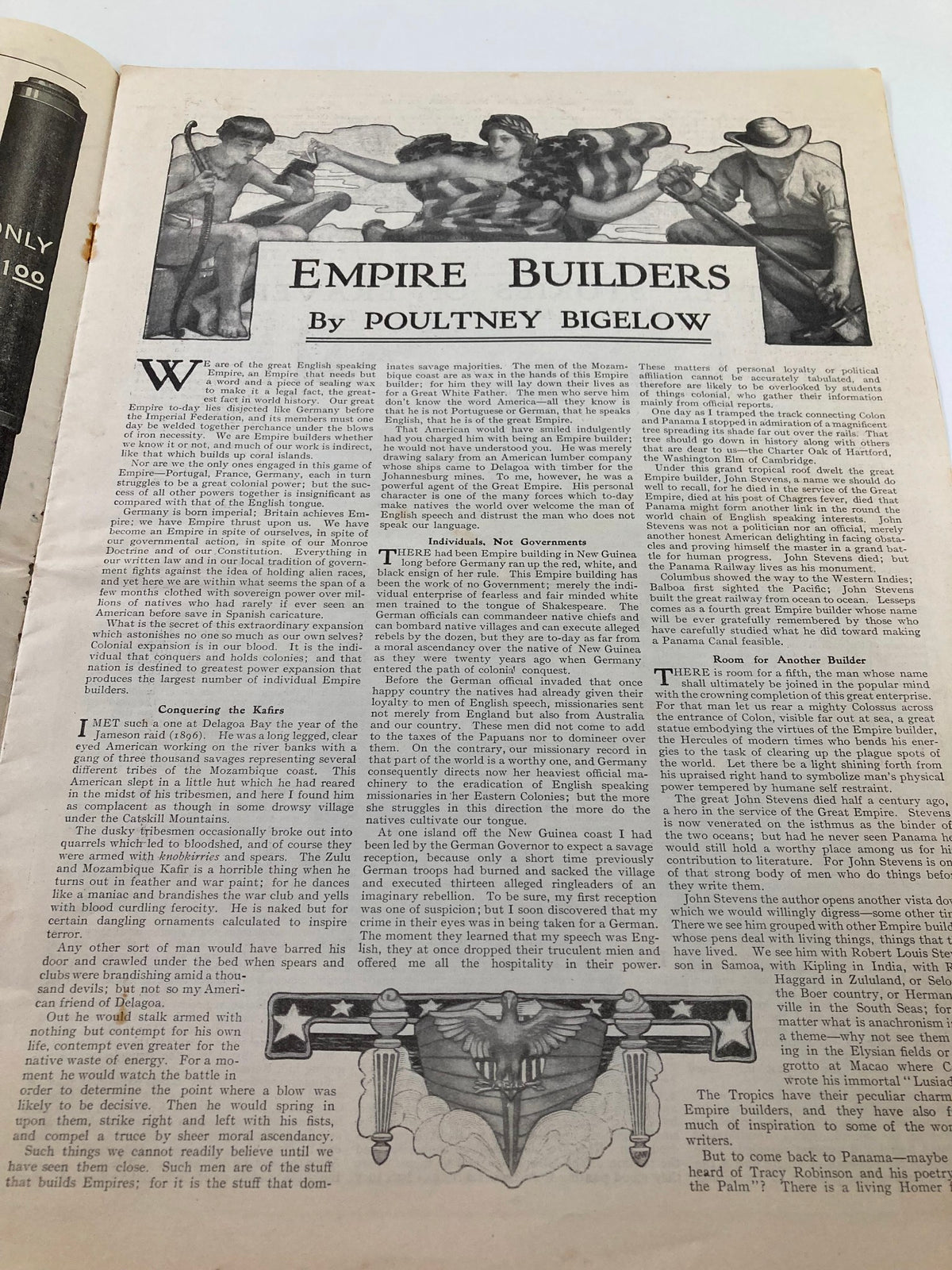 Page from Vintage The Sunday Magazine November 25 1906 titled 'Empire Builders' by Poultny Bigelow, showcasing early 20th-century literature.