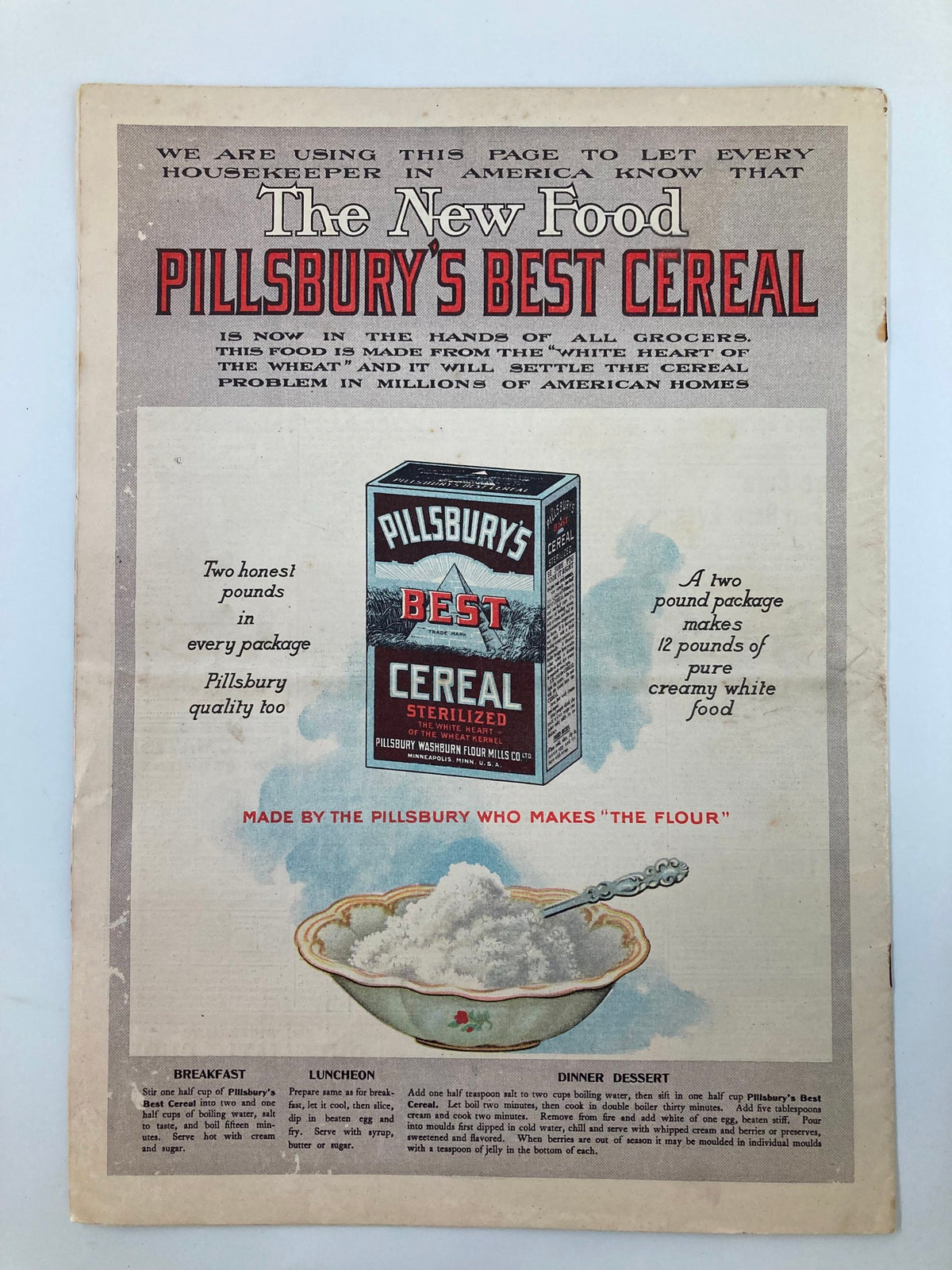 Advertisement from Vintage The Sunday Magazine November 25 1906 for Pillsbury's Best Cereal, illustrating early 20th-century marketing.