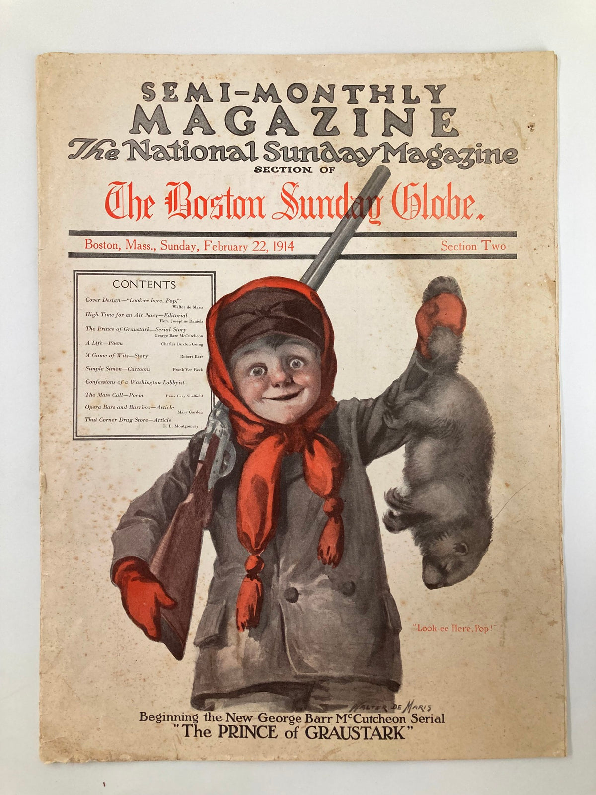 Cover of the VTG The Sunday Magazine from February 22, 1914, featuring 'The Prince of Graustark', showcasing a young boy with a rifle and a fur on its tail.
