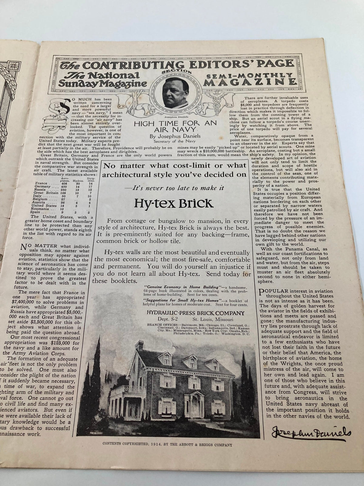 Inside page of VTG The Sunday Magazine February 22 1914 featuring the Editors' Page and an advertisement for Hy-tex Brick.
