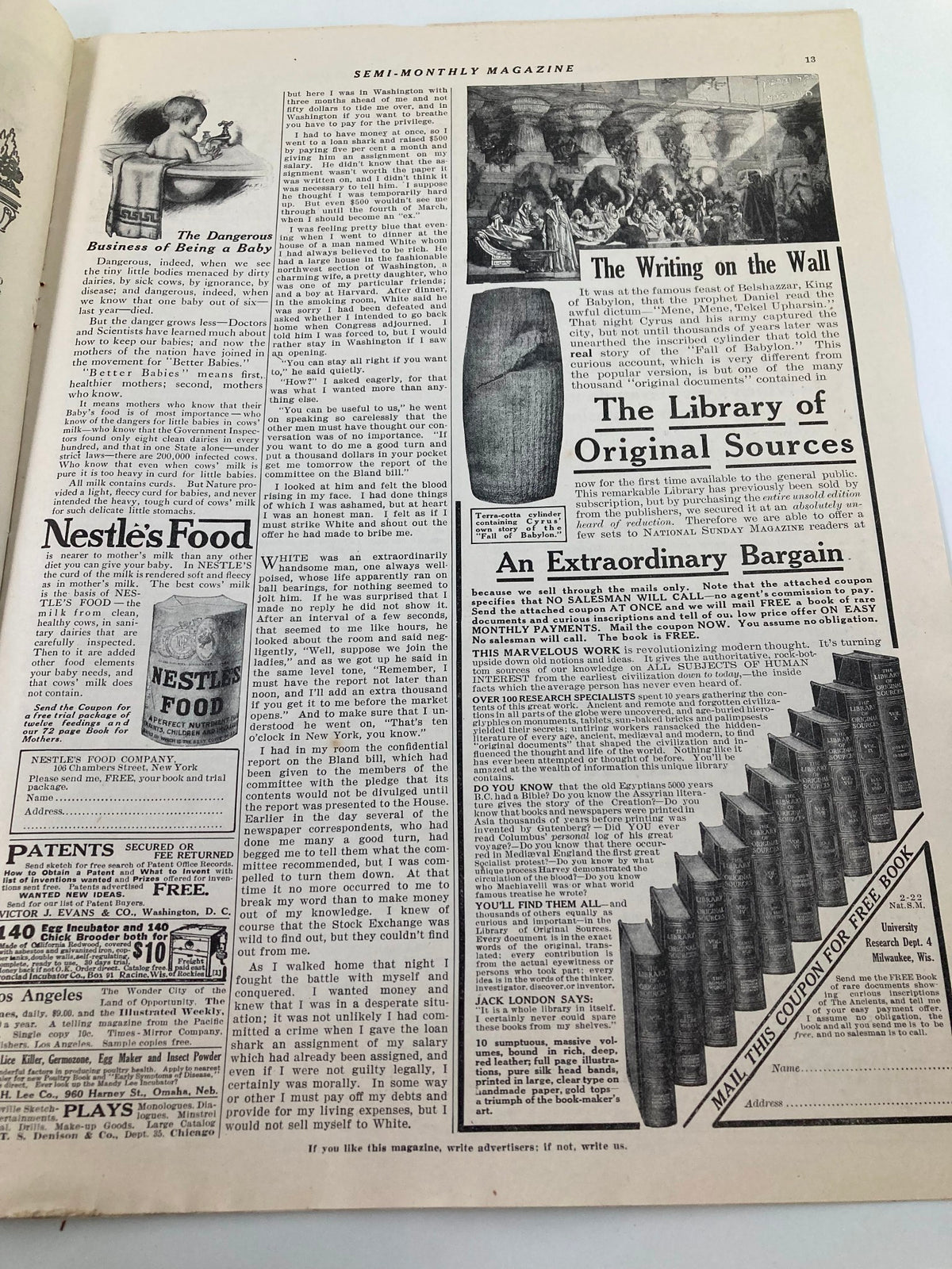 Semi-monthly magazine page from VTG The Sunday Magazine February 22 1914 displaying an article titled 'The Writing on the Wall' and advertisements including Nestle's Food.