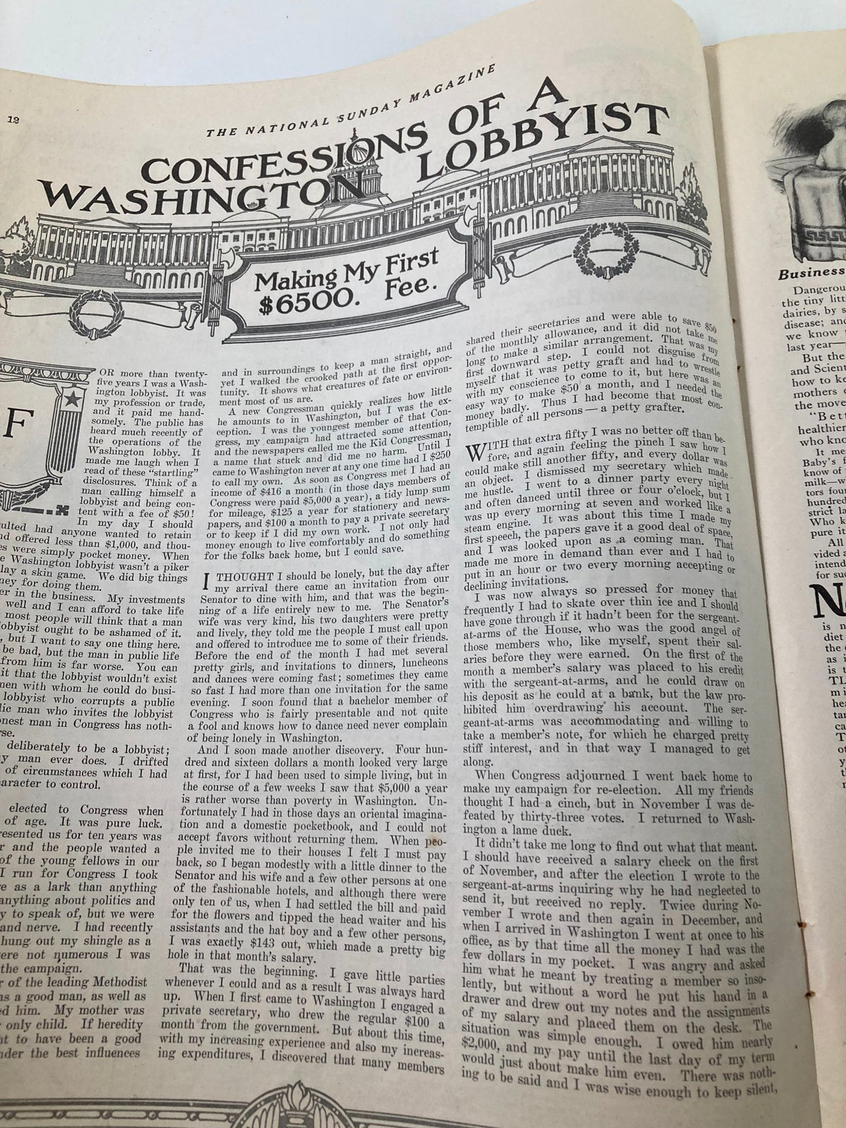 Article titled 'Confessions of a Washington Lobbyist' featured in VTG The Sunday Magazine February 22 1914, detailing personal insights and experiences.