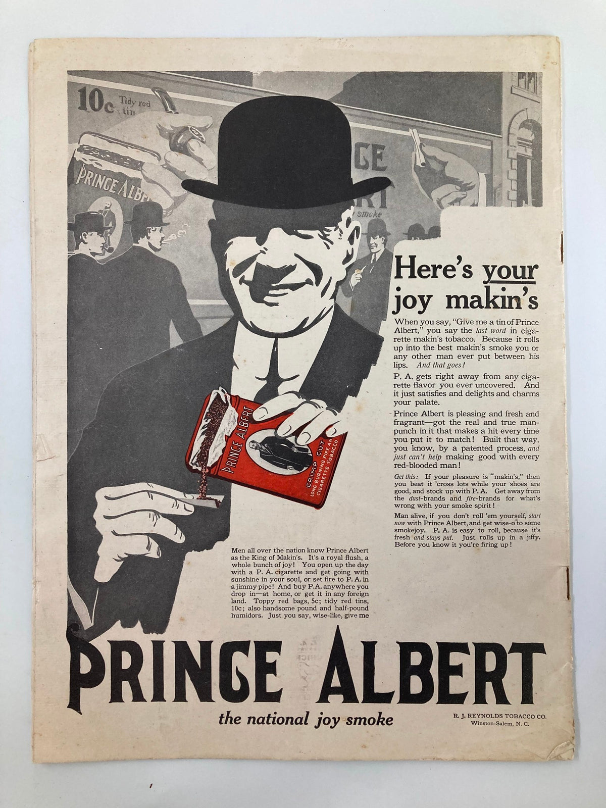 Vintage advertisement for Prince Albert tobacco, featuring a man in a bowler hat, from VTG The Sunday Magazine February 22 1914.