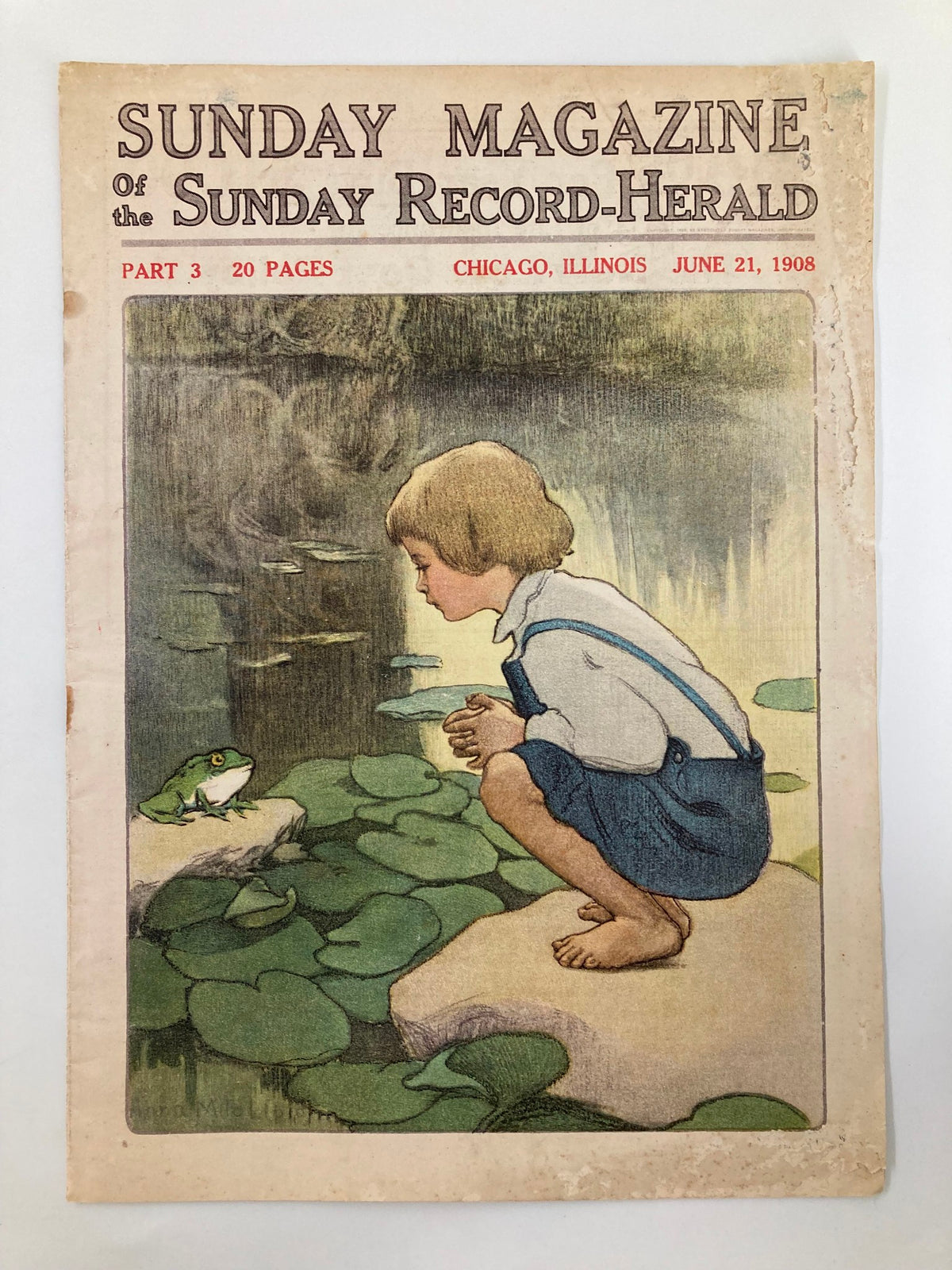 Cover of VTG The Sunday Magazine June 21 1908, featuring a young boy observing a frog in a serene pond setting.