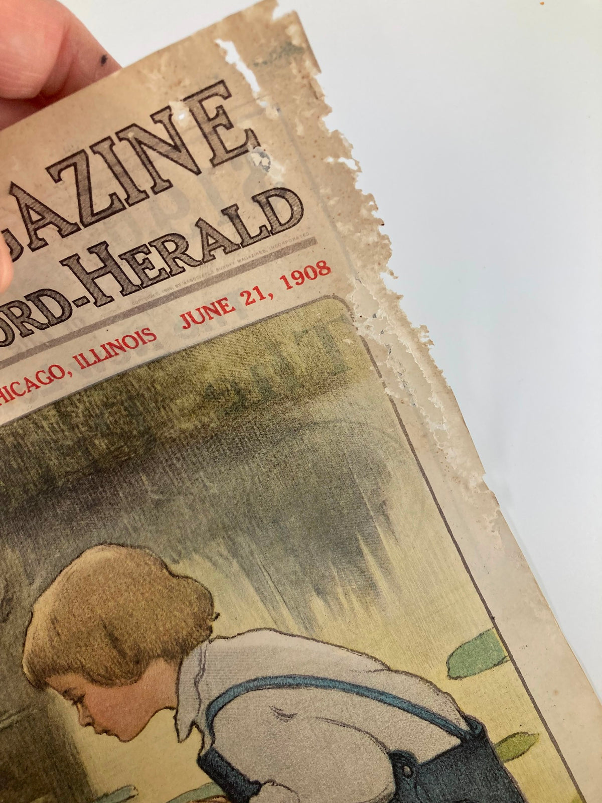 Edge damage of the cover from VTG The Sunday Magazine June 21 1908, revealing the vintage condition of the publication.