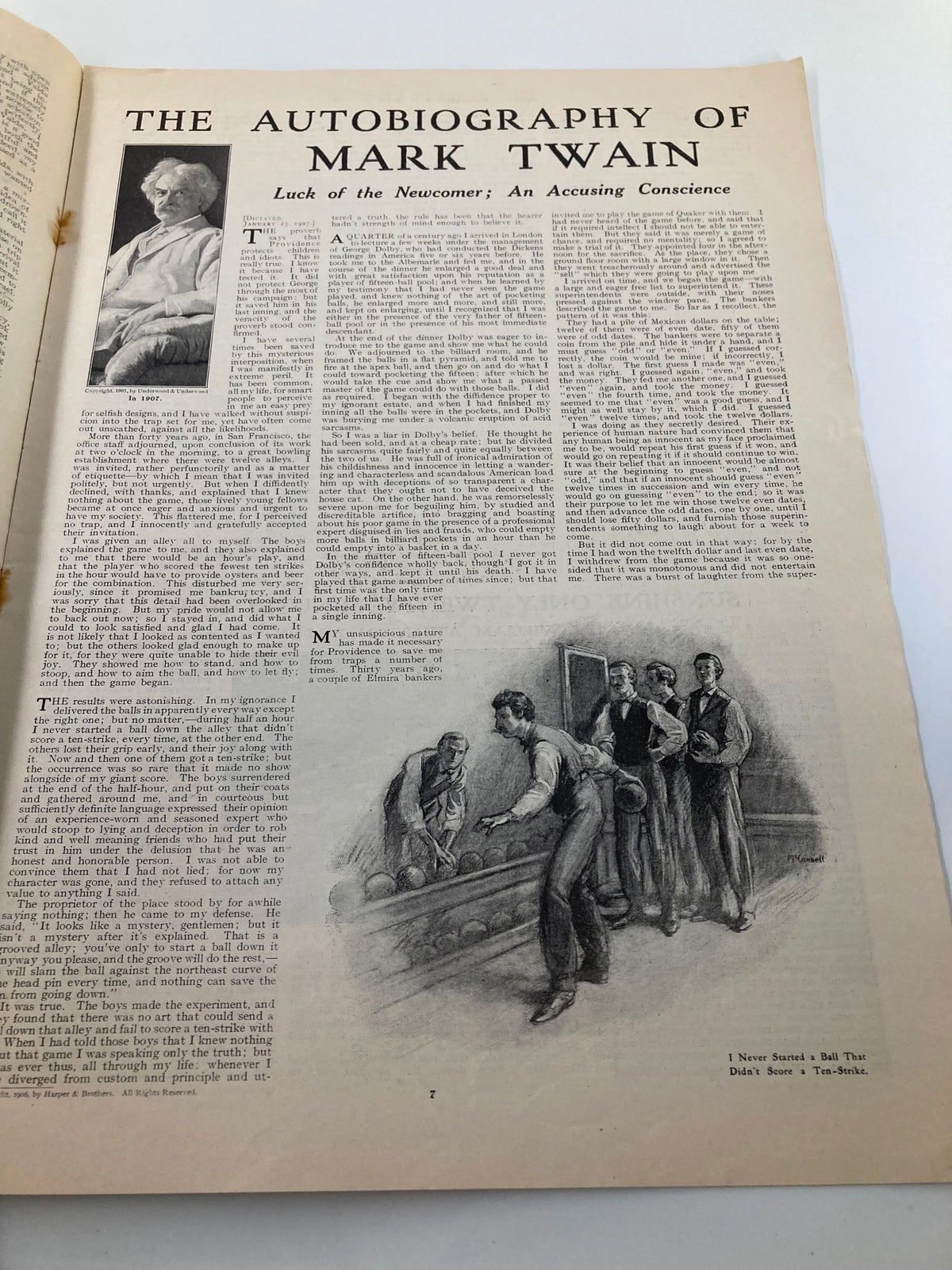 Interior page showcasing 'The Autobiography of Mark Twain' from VTG The Sunday Magazine June 21 1908, with text and illustrations.