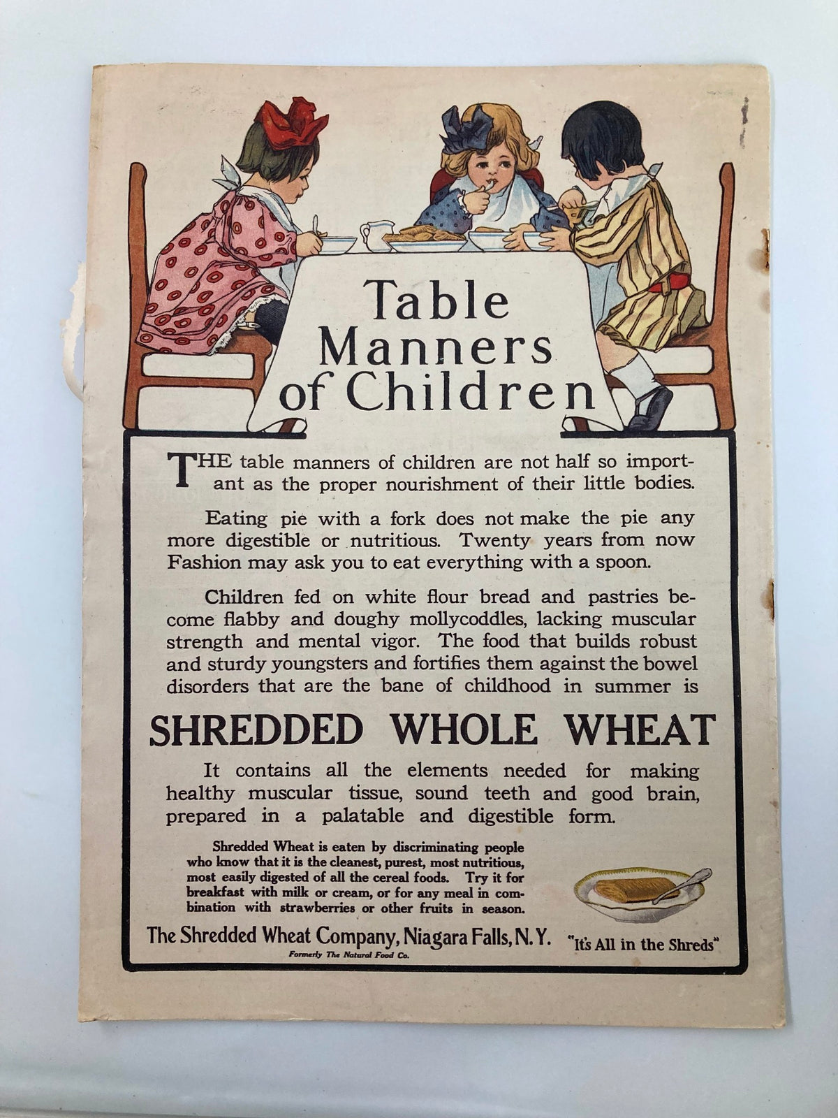 Illustration from VTG The Sunday Magazine June 21 1908 depicting children learning table manners, featuring the Shredded Wheat advertisement.