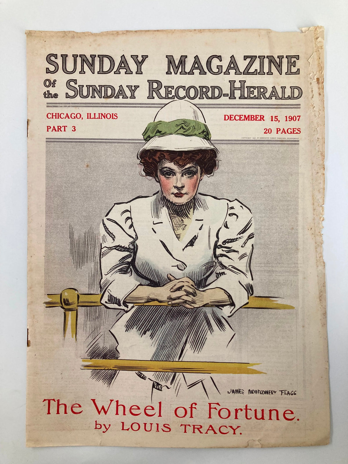 Cover of VTG The Sunday Magazine December 15 1907, titled 'The Wheel of Fortune', featuring a vintage illustration of a woman with a green hat.